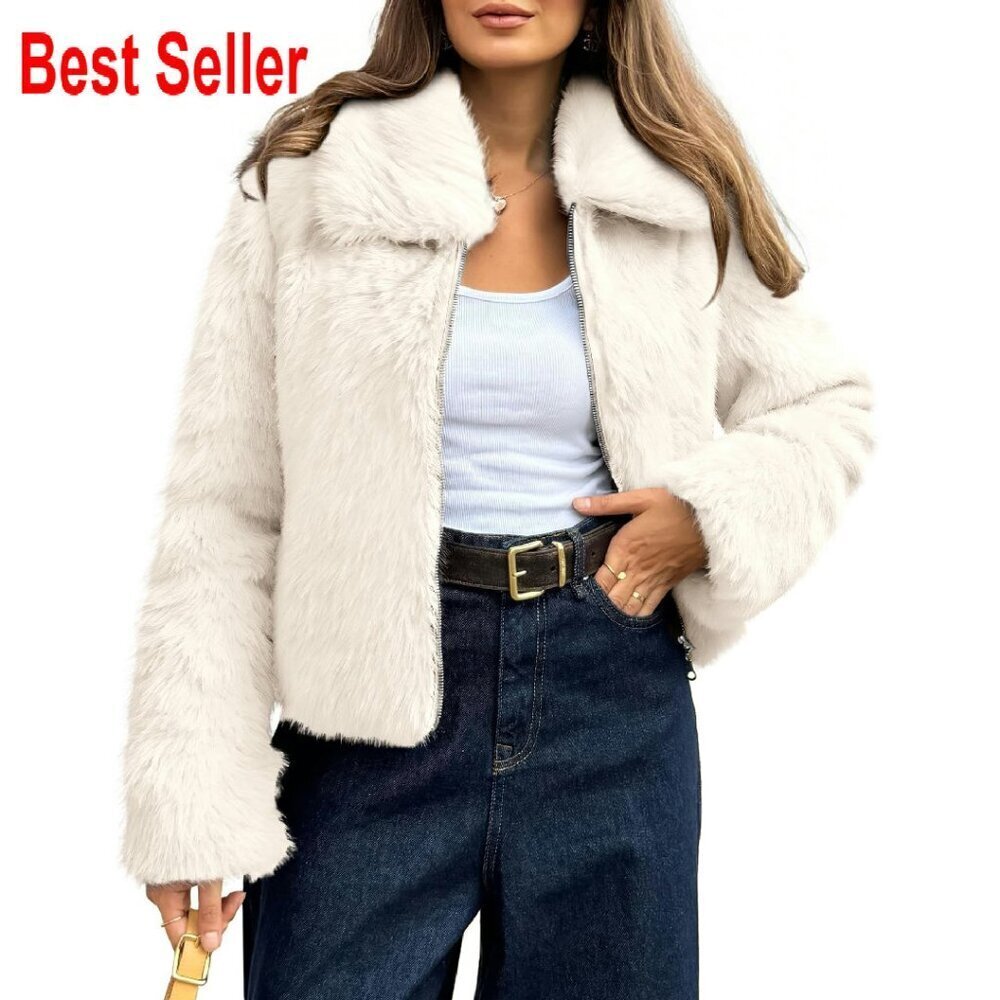 Faux Fur Cropped Jacket Zip Up Fluffy Winter Coat Chic Y2K Fuzzy Outerwear